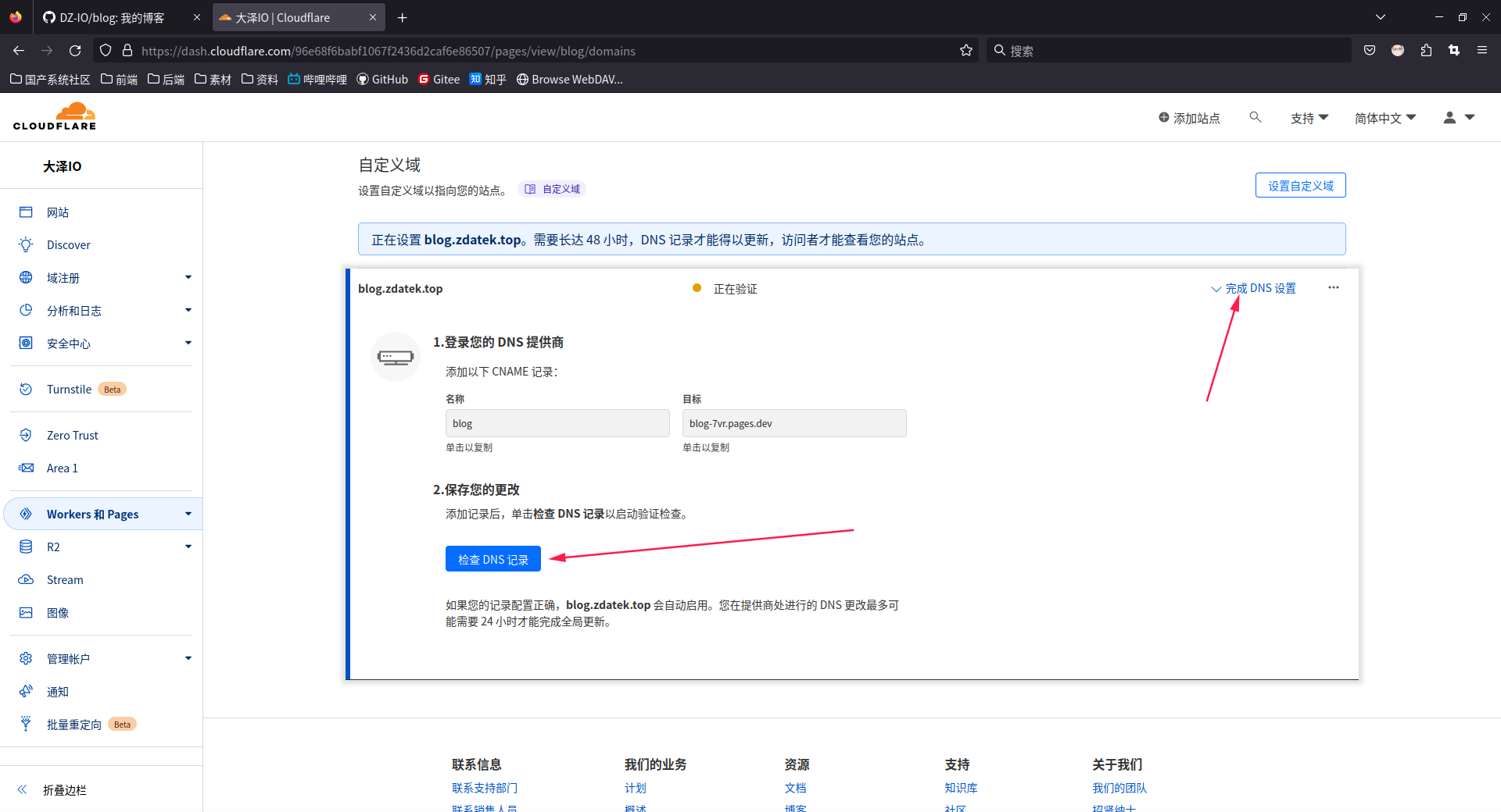 点击完成DNS设置,然后点击检查DNS记录